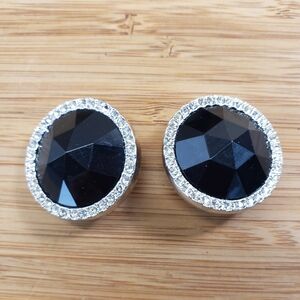 Vintage Les Bernard Jet Black Faceted Lucite Rhinestone Halo Clip-on Earrings